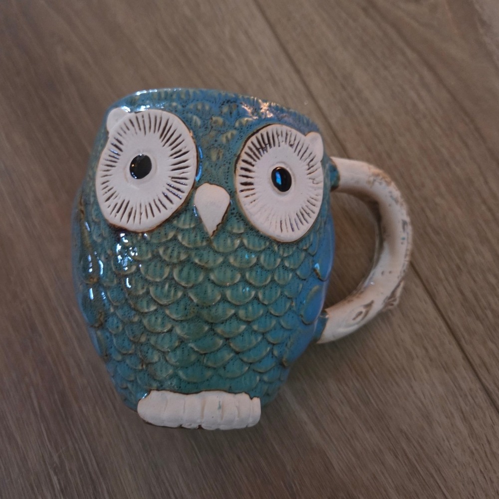Pacifica Home Blue Owl Ceramic Mug Textured Teal Bird Coffee Cup Dishwasher Safe